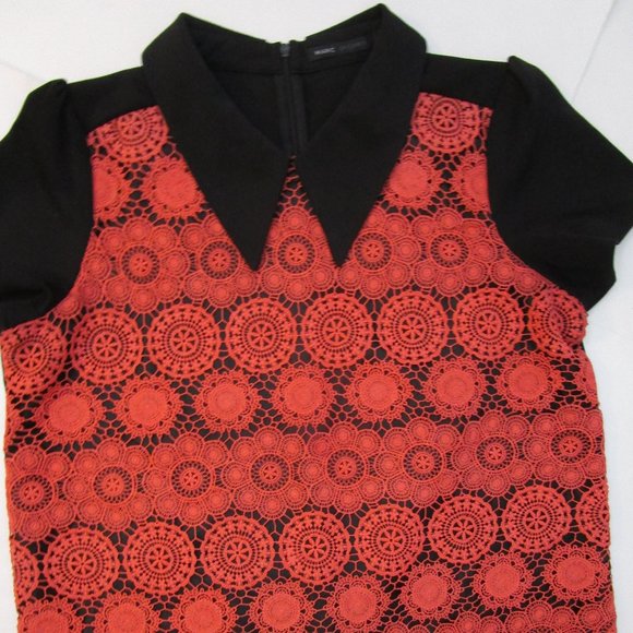 Orange Lace Top Pointed Collar Black Crepe - Picture 4 of 9